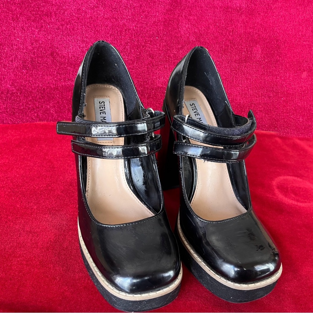 Steve Madden Black Patent Double-Strap Platform Heels